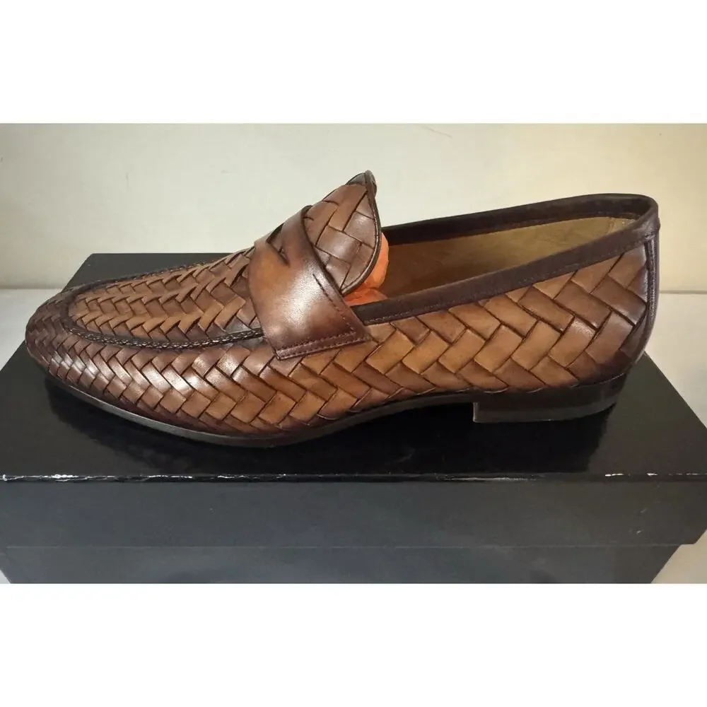 NIB Magnanni ‘Herman’ Cognac Brown Woven Leather Loafers 43.5EU/10.5US $595.00